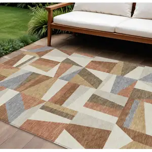 Photo of Chili Red Beige And Gray Geometric Washable Indoor Outdoor Area Rug