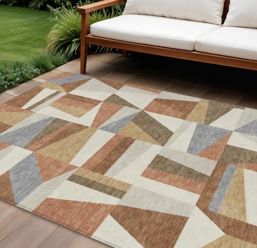 Chili Red Beige And Gray Geometric Washable Indoor Outdoor Area Rug Photo 1