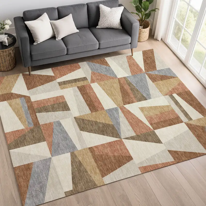 Chili Red Beige And Gray Geometric Washable Indoor Outdoor Area Rug Photo 9