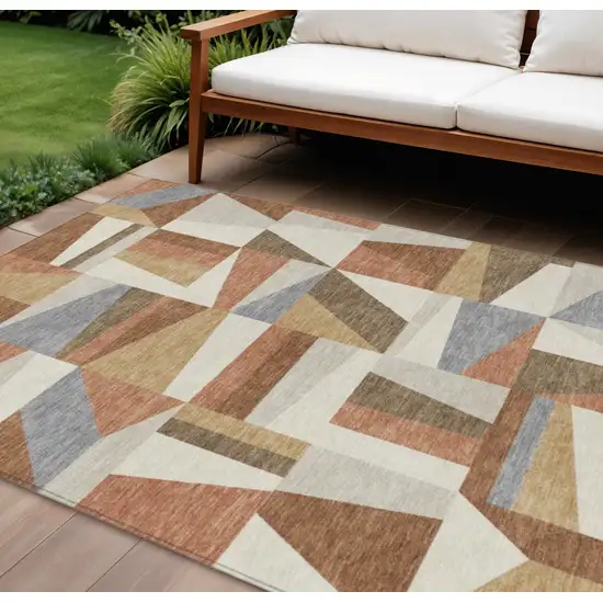 Chili Red Beige And Gray Geometric Washable Indoor Outdoor Area Rug Photo 1