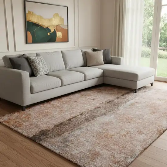 Chili Red Brown And Ivory Abstract Washable Area Rug With UV Protection Photo 1