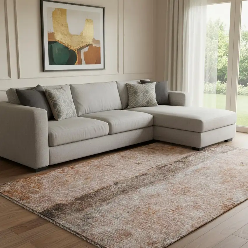 Chili Red Brown And Ivory Abstract Washable Area Rug With UV Protection Photo 1