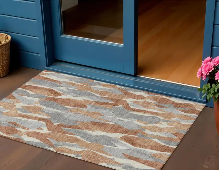 Chili Red Granite Gray And Ivory Striped Washable Indoor Outdoor Area Rug Photo 1