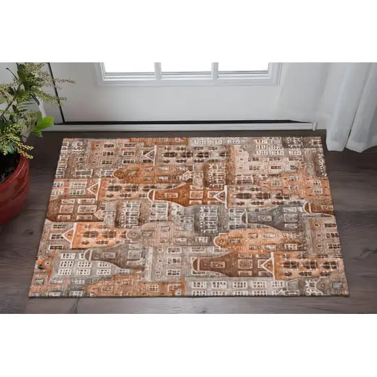 Chili Red Gray And Ivory Abstract Geometric Washable Area Rug With UV Protection Photo 2