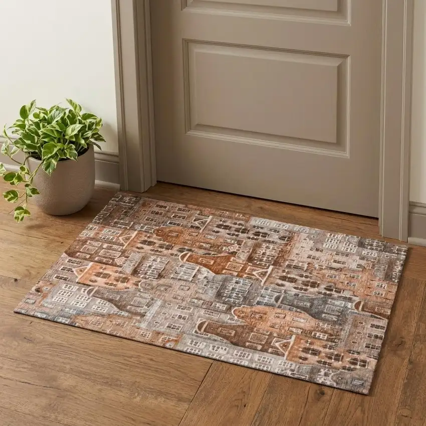 Chili Red Gray And Ivory Abstract Geometric Washable Area Rug With UV Protection Photo 1