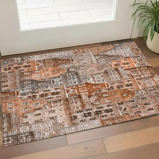 Chili Red Gray And Ivory Abstract Geometric Washable Area Rug With UV Protection Photo 1