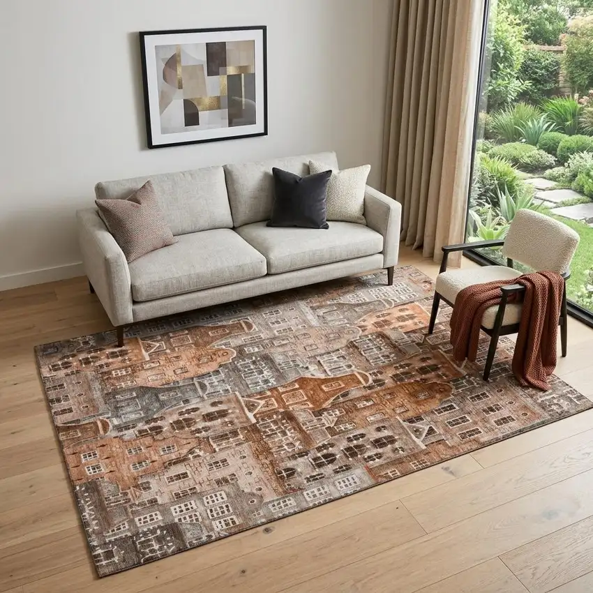 Chili Red Gray And Ivory Abstract Geometric Washable Area Rug With UV Protection Photo 1