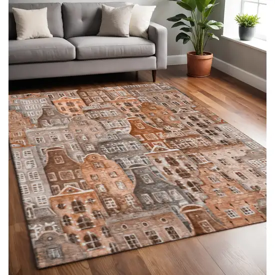 Chili Red Gray And Ivory Abstract Geometric Washable Area Rug With UV Protection Photo 2