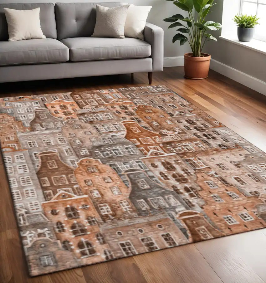 Chili Red Gray And Ivory Abstract Geometric Washable Area Rug With UV Protection Photo 2