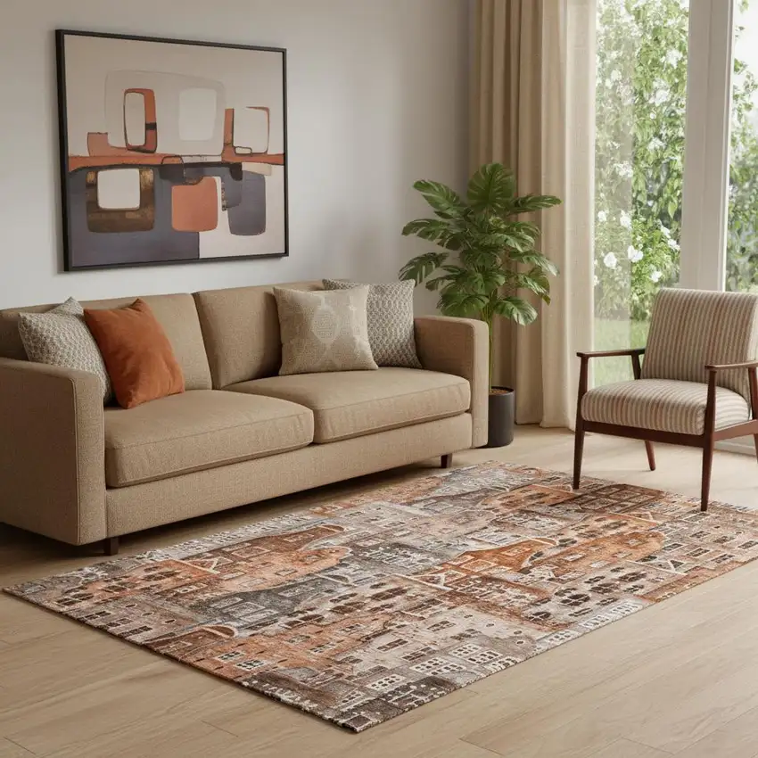 Chili Red Gray And Ivory Abstract Geometric Washable Area Rug With UV Protection Photo 1