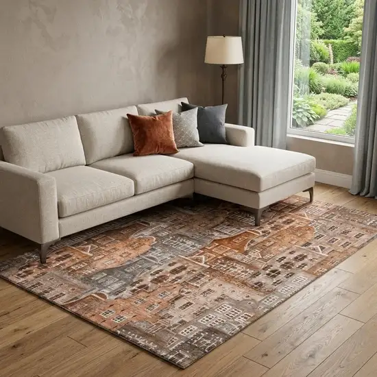 Chili Red Gray And Ivory Abstract Geometric Washable Area Rug With UV Protection Photo 1