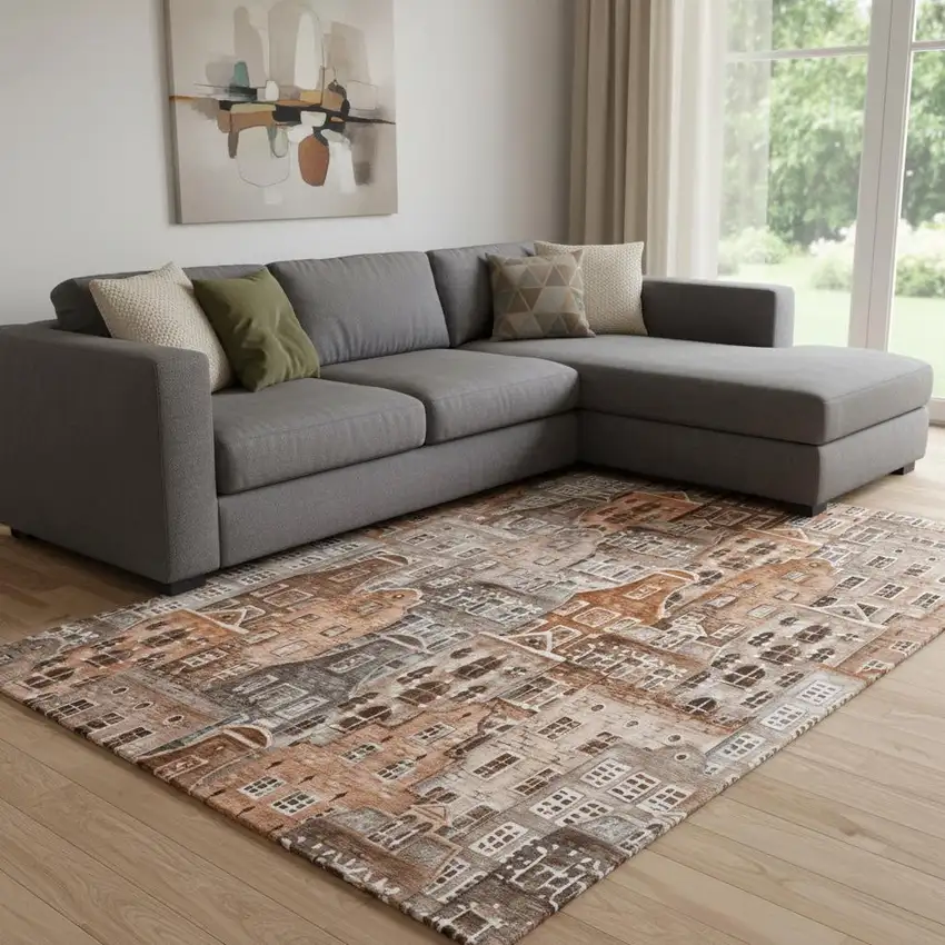 Chili Red Gray And Ivory Abstract Geometric Washable Area Rug With UV Protection Photo 1