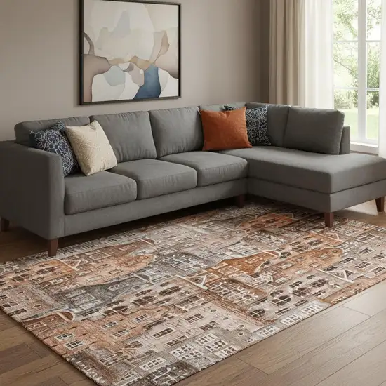 Chili Red Gray And Ivory Abstract Geometric Washable Area Rug With UV Protection Photo 1