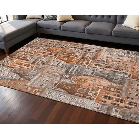 Chili Red Gray And Ivory Abstract Geometric Washable Area Rug With UV Protection Photo 2