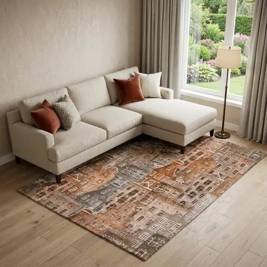 Chili Red Gray And Ivory Abstract Geometric Washable Area Rug With UV Protection Photo 1