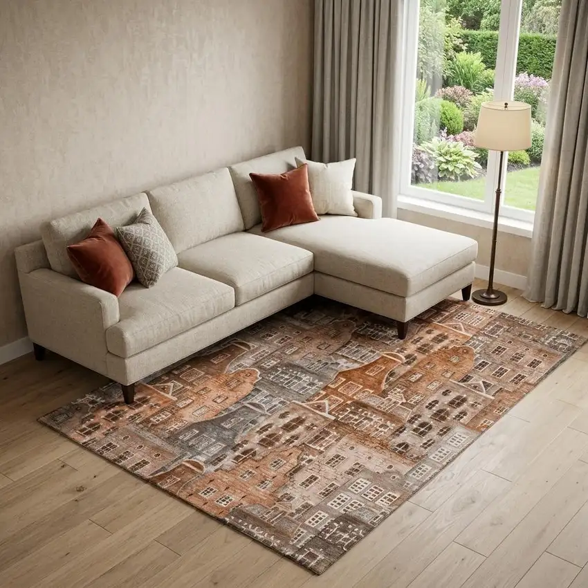 Chili Red Gray And Ivory Abstract Geometric Washable Area Rug With UV Protection Photo 1