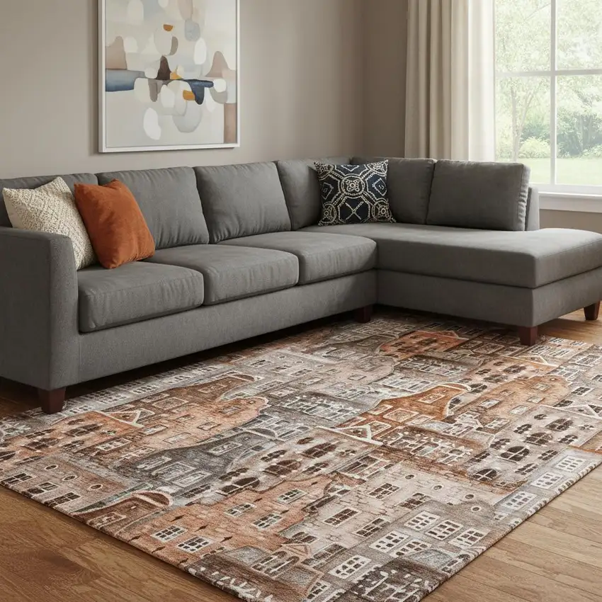 Chili Red Gray And Ivory Abstract Geometric Washable Area Rug With UV Protection Photo 1