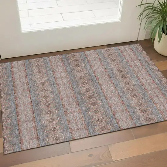 Chili Red Gray And Ivory Floral Medallion Washable Area Rug With UV Protection Photo 1