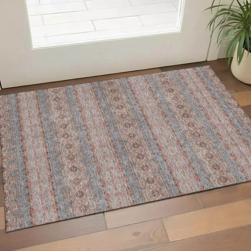 Chili Red Gray And Ivory Floral Medallion Washable Area Rug With UV Protection Photo 1