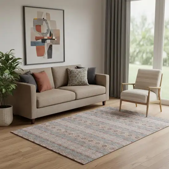 Chili Red Gray And Ivory Floral Medallion Washable Area Rug With UV Protection Photo 1