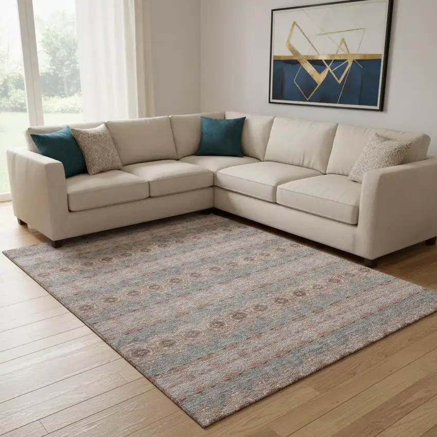 Chili Red Gray And Ivory Floral Medallion Washable Area Rug With UV Protection Photo 1