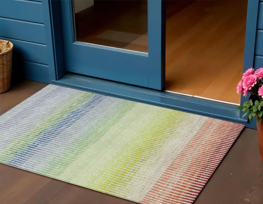 Chili Red Green And Blue Striped Washable Indoor Outdoor Area Rug Photo 1