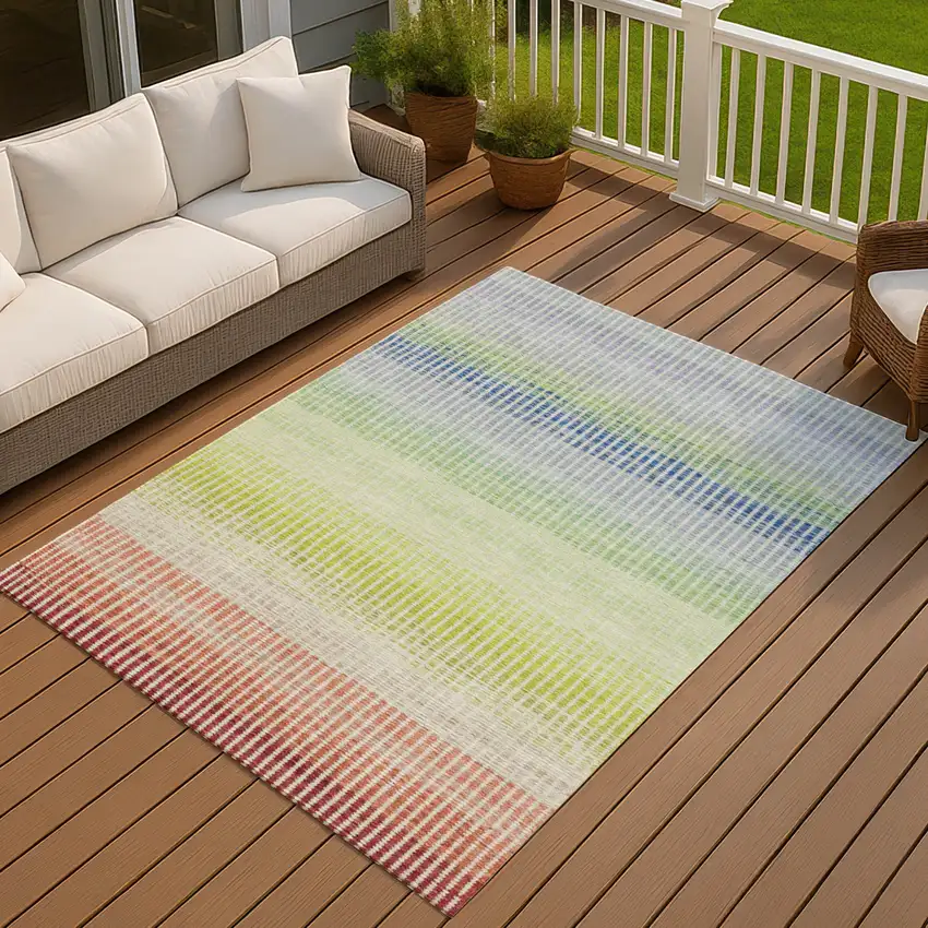 Chili Red Green And Blue Striped Washable Indoor Outdoor Area Rug Photo 6