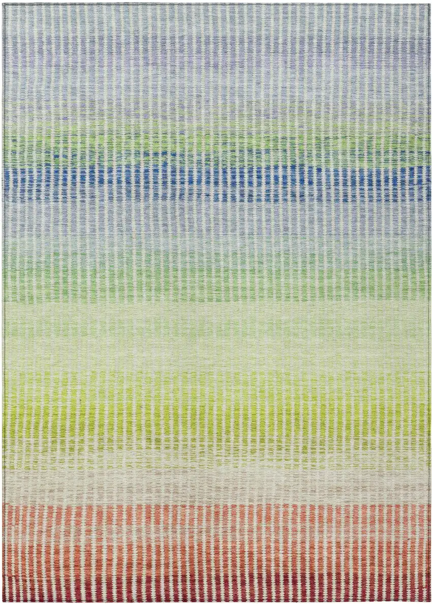 Chili Red Green And Blue Striped Washable Indoor Outdoor Area Rug Photo 2