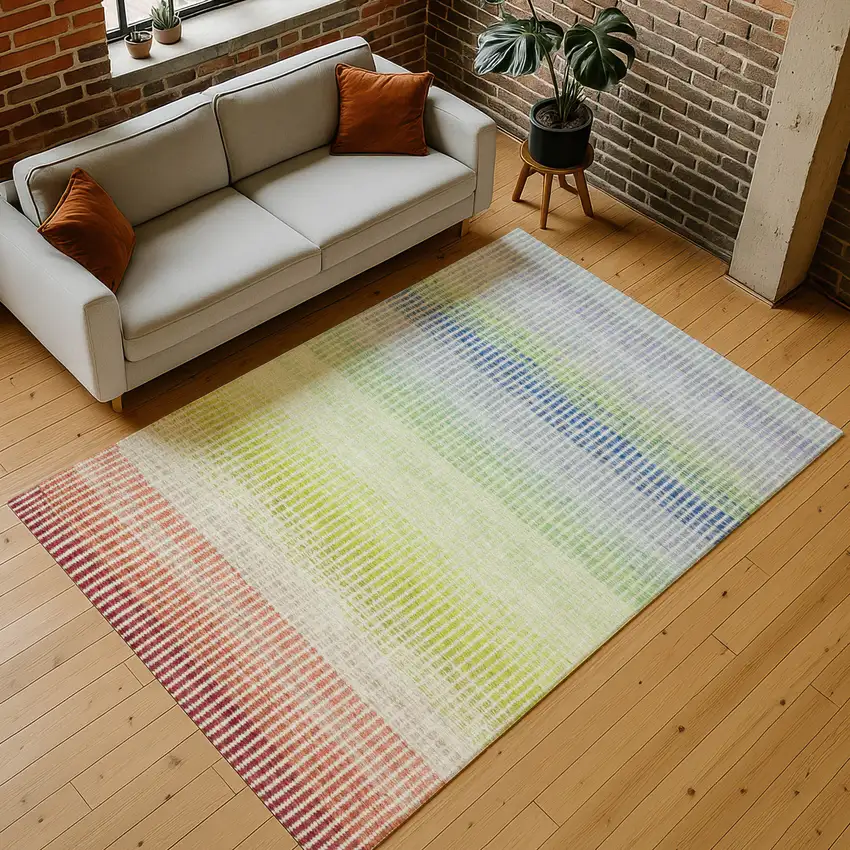 Chili Red Green And Blue Striped Washable Indoor Outdoor Area Rug Photo 9