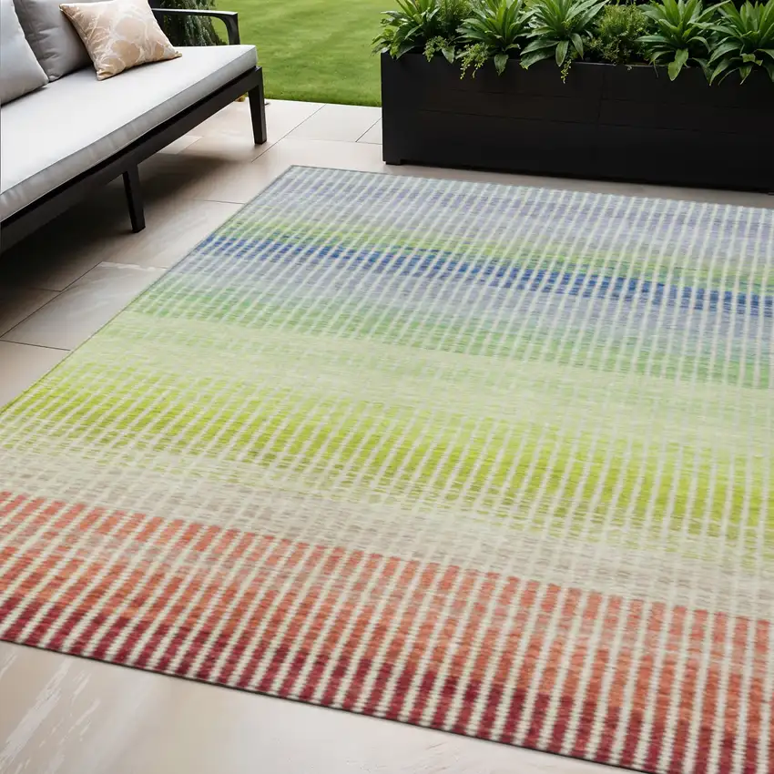 Chili Red Green And Blue Striped Washable Indoor Outdoor Area Rug Photo 1