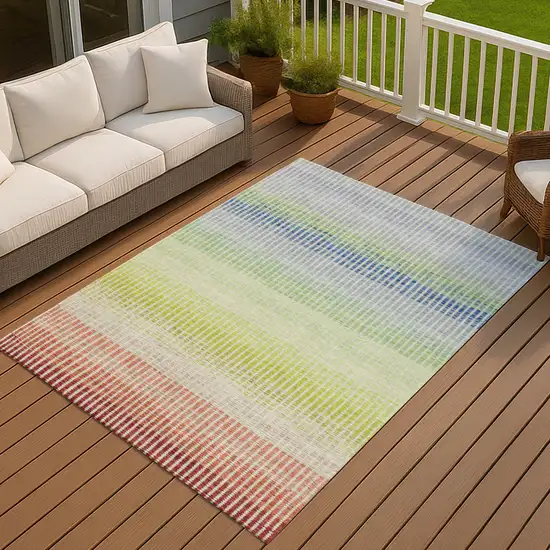 Chili Red Green And Blue Striped Washable Indoor Outdoor Area Rug Photo 7