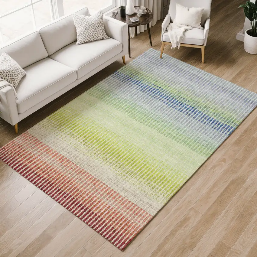 Chili Red Green And Blue Striped Washable Indoor Outdoor Area Rug Photo 8