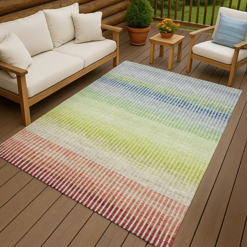 Chili Red Green And Blue Striped Washable Indoor Outdoor Area Rug Photo 9
