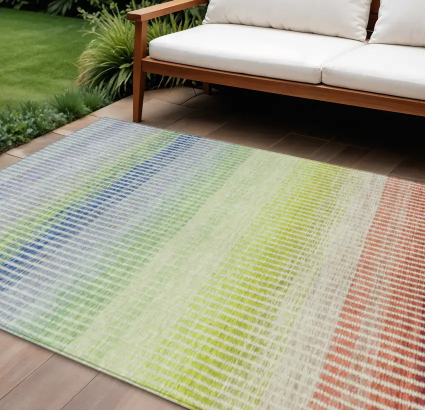 Chili Red Green And Blue Striped Washable Indoor Outdoor Area Rug Photo 1