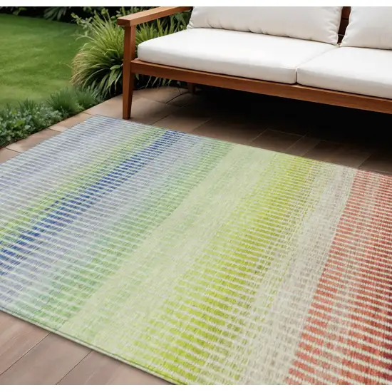 Chili Red Green And Blue Striped Washable Indoor Outdoor Area Rug Photo 1