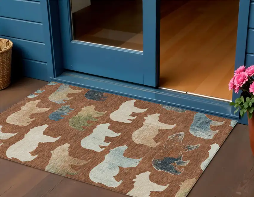 Chili Red Ivory And Beige Animal Print Washable Indoor Outdoor Area Rug Photo 1