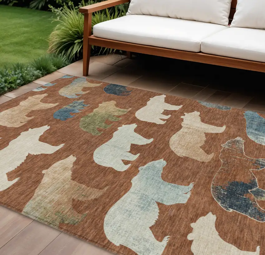 Chili Red Ivory And Beige Animal Print Washable Indoor Outdoor Area Rug Photo 1