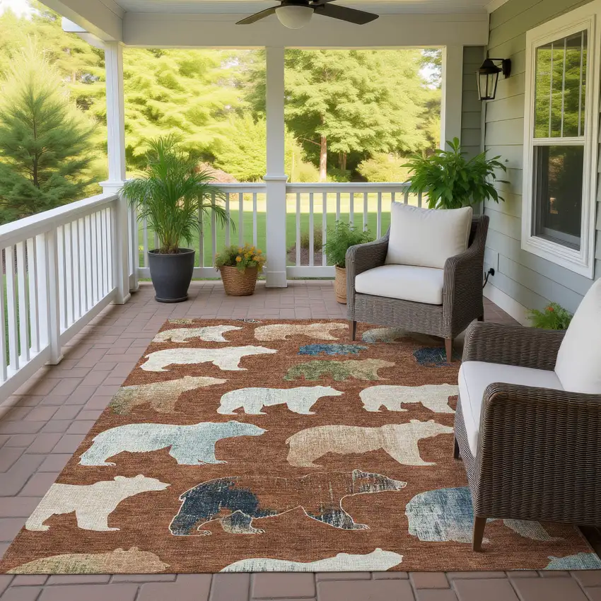 Chili Red Ivory And Beige Bear Washable Indoor Outdoor Area Rug Photo 9
