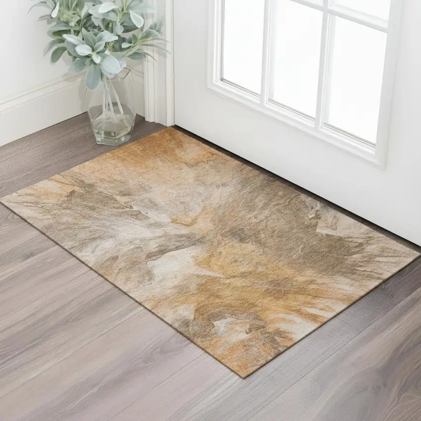 Chili Red Ivory And Copper Abstract Washable Area Rug With UV Protection Photo 1