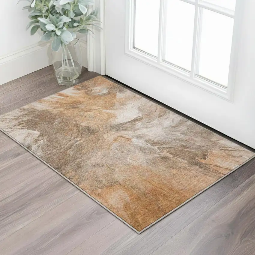 Chili Red Ivory And Copper Abstract Washable Area Rug With UV Protection Photo 2