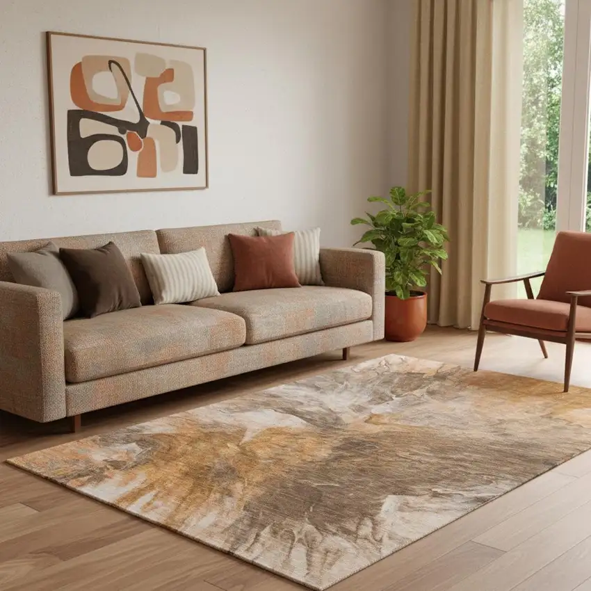 Chili Red Ivory And Copper Abstract Washable Area Rug With UV Protection Photo 1