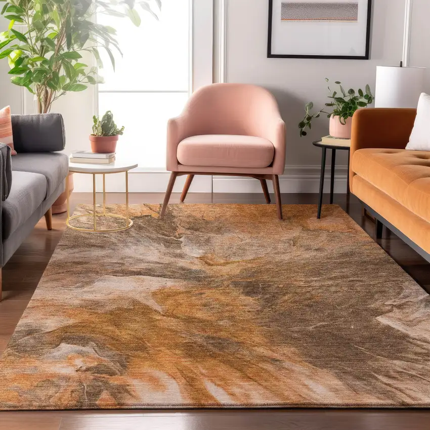 Chili Red Ivory And Copper Abstract Washable Area Rug With UV Protection Photo 5