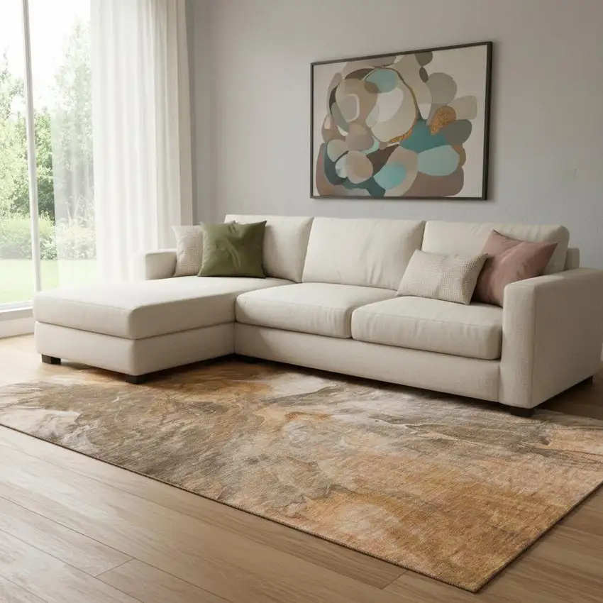 Chili Red Ivory And Copper Abstract Washable Area Rug With UV Protection Photo 1