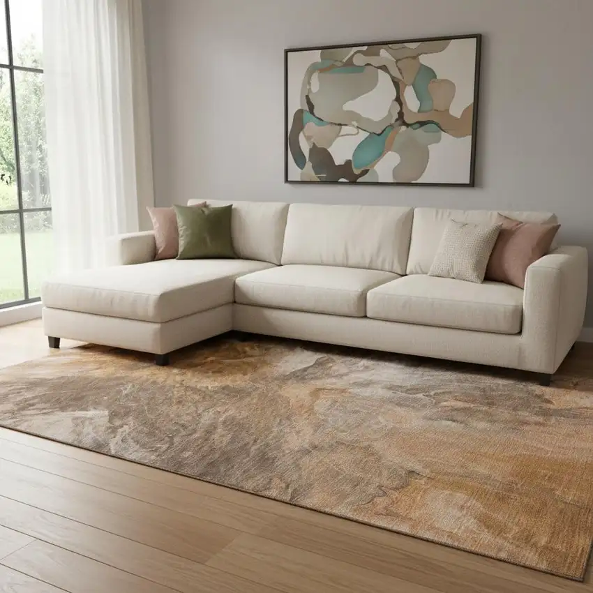 Chili Red Ivory And Copper Abstract Washable Area Rug With UV Protection Photo 1