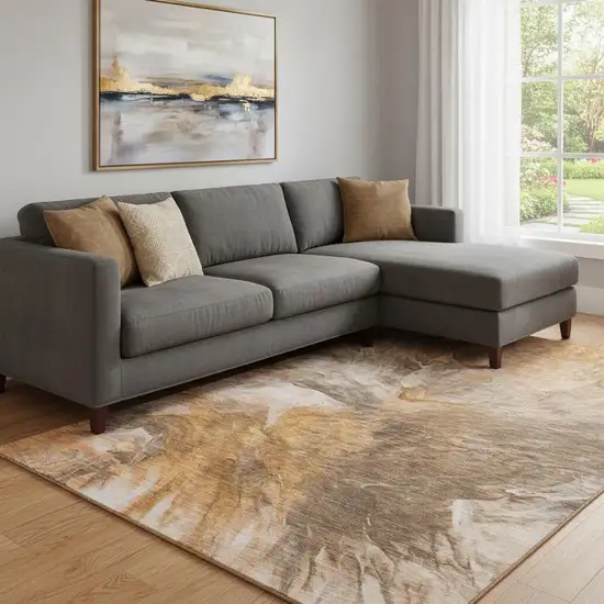 Chili Red Ivory And Copper Abstract Washable Area Rug With UV Protection Photo 1