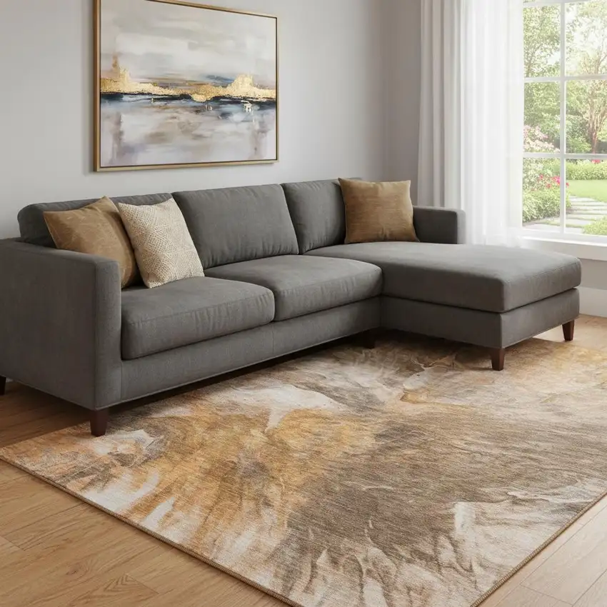 Chili Red Ivory And Copper Abstract Washable Area Rug With UV Protection Photo 1