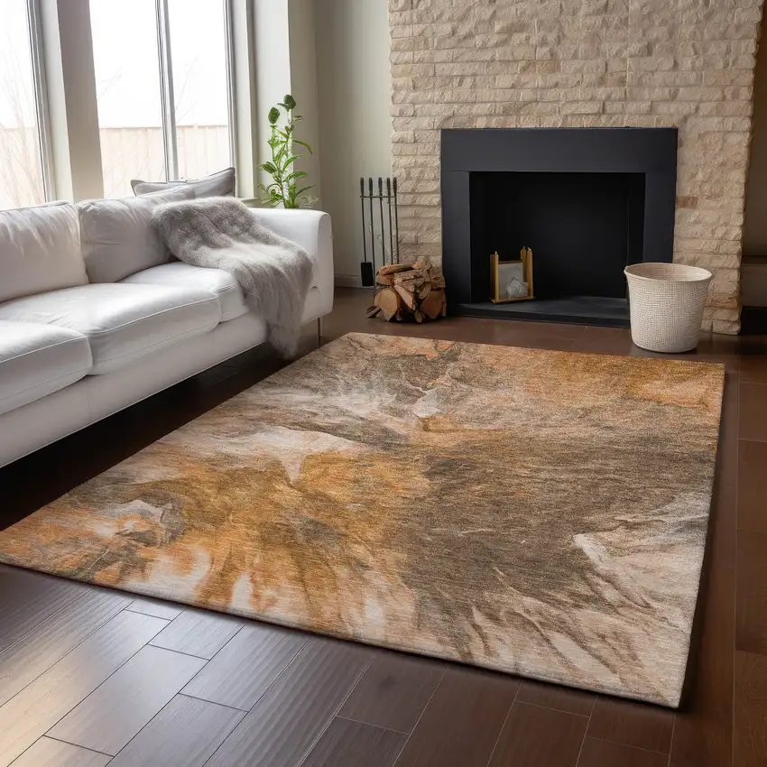 Chili Red Ivory And Copper Abstract Washable Area Rug With UV Protection Photo 6