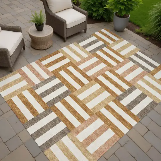 Chili Red Ivory And Copper Geometric Washable Indoor Outdoor Area Rug Photo 7