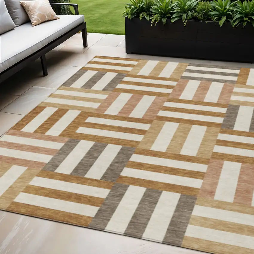 Chili Red Ivory And Copper Geometric Washable Indoor Outdoor Area Rug Photo 1