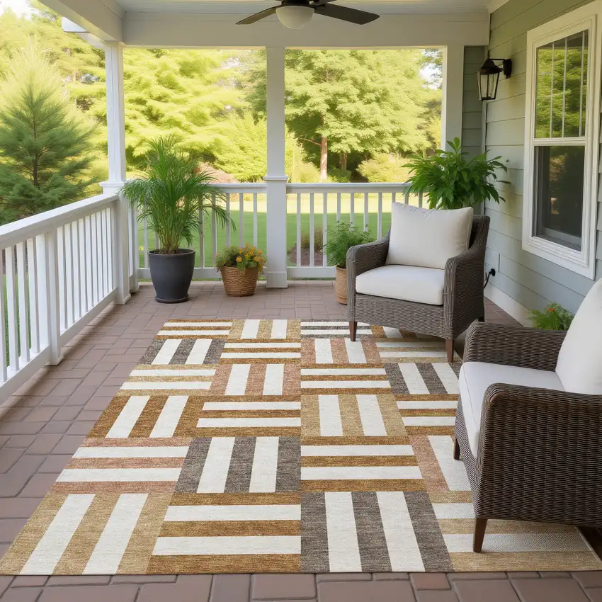 Chili Red Ivory And Copper Geometric Washable Indoor Outdoor Area Rug Photo 9